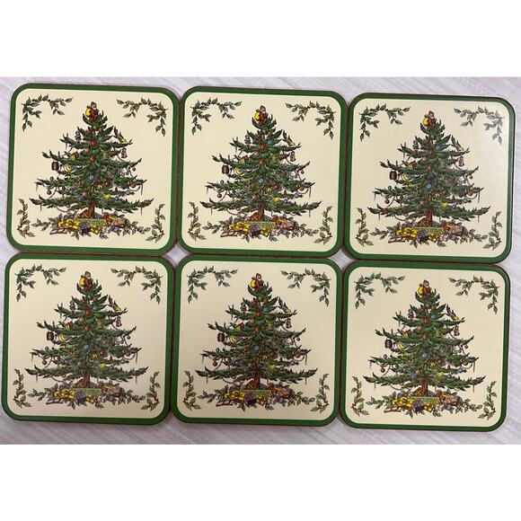 Spode Boxed Set 6 Christmas Tree Coasters Made in England Easy Clean Hot or Cold - Picture 1 of 7